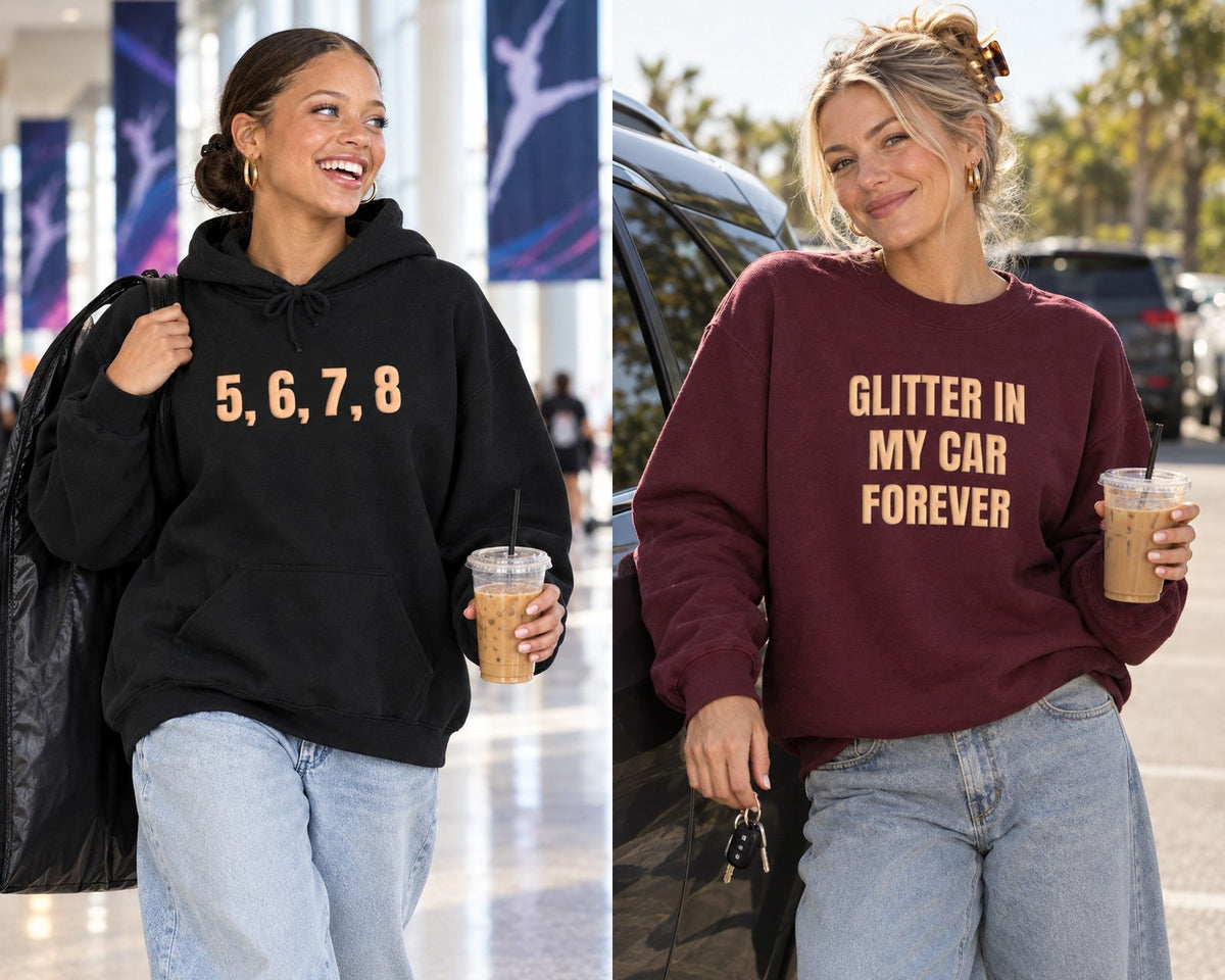 Two women in Call Time puff print apparel, a black 5, 6, 7, 8 hoodie and a maroon Glitter in My Car Forever crewneck