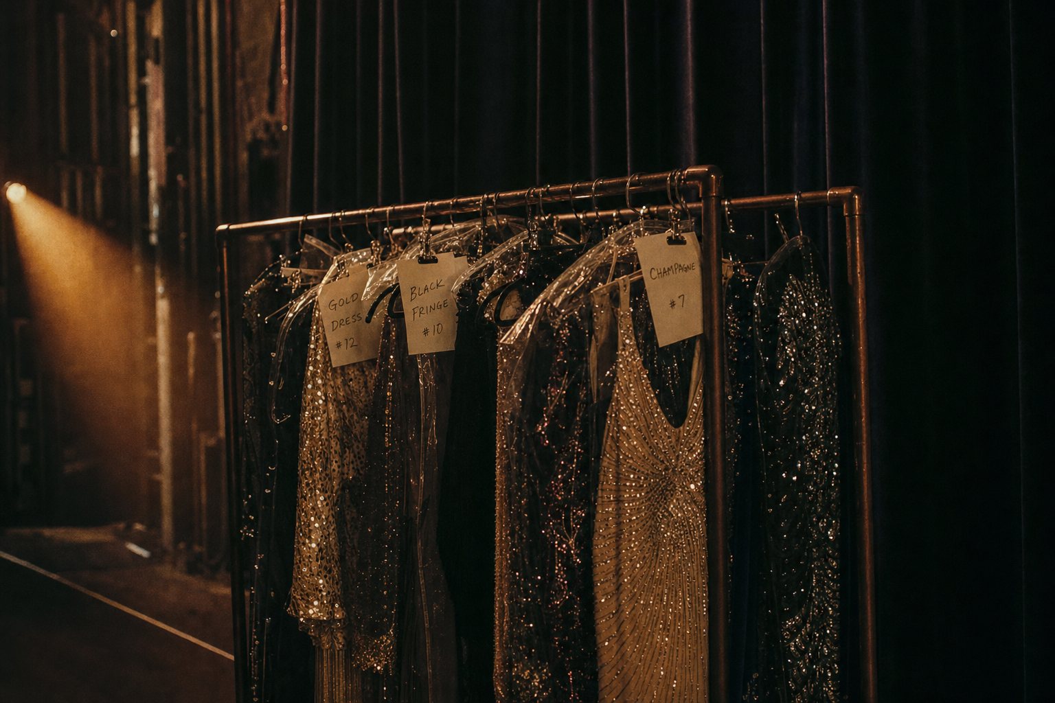 A costume rack backstage, sequined dresses in garment bags with handwritten labels, lit by a single warm stage light.
