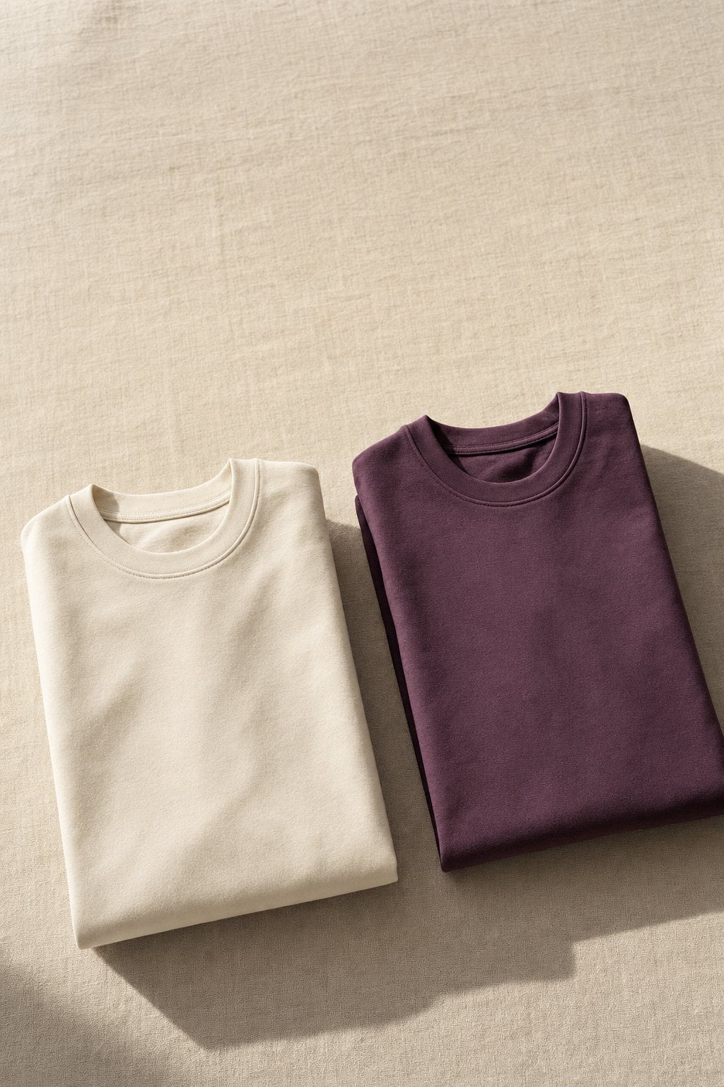 Two folded heavyweight cotton tees, one cream and one plum, on natural linen.