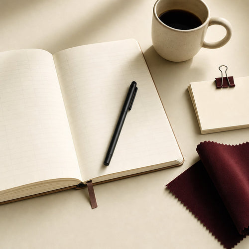 An open blank ledger notebook, black pen, coffee cup and burgundy fabric swatch on cream