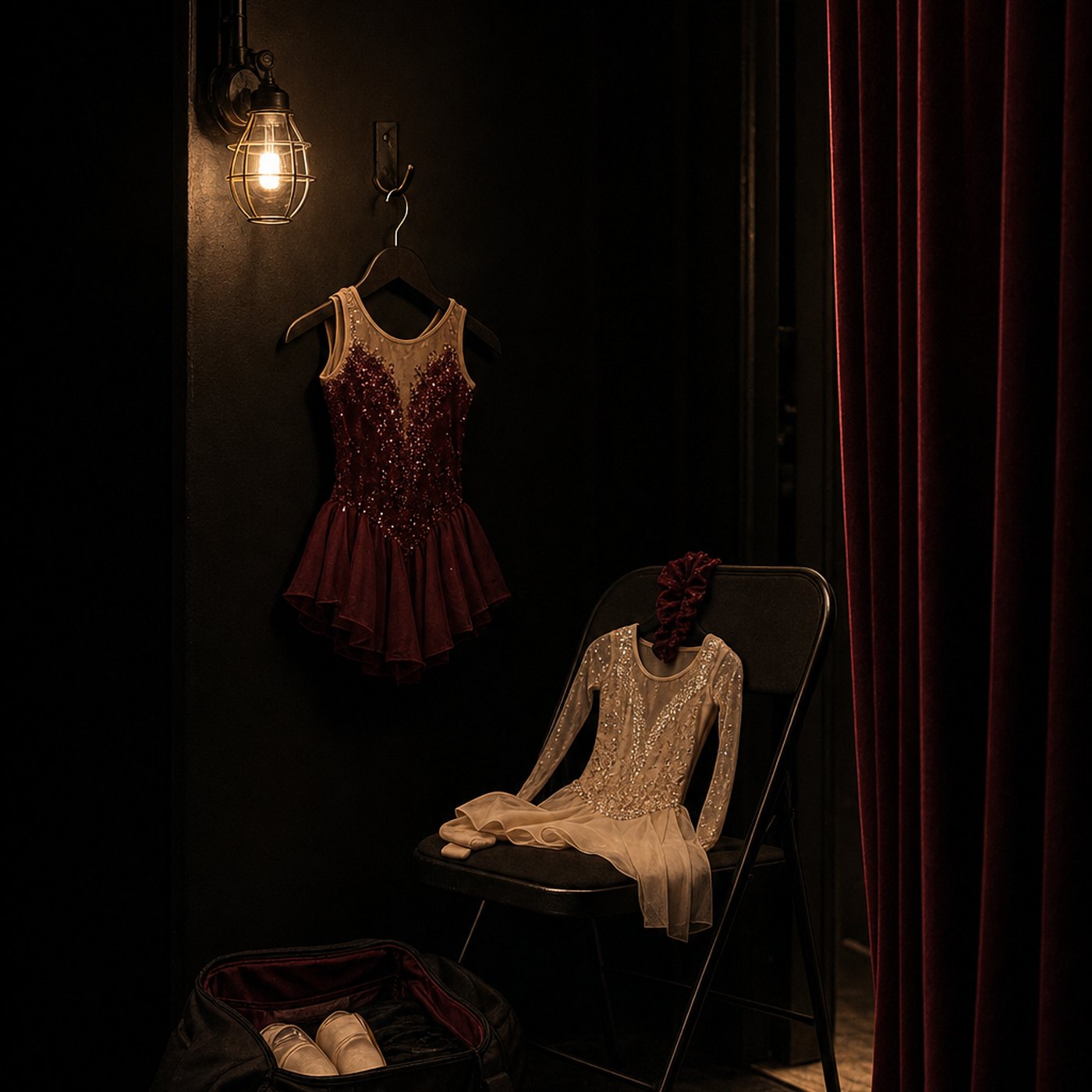 A costume on a hook and a second pre-staged on a chair in a dark backstage wing