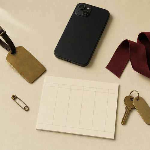 A brass luggage tag, phone, blank planner card and burgundy ribbon on cream