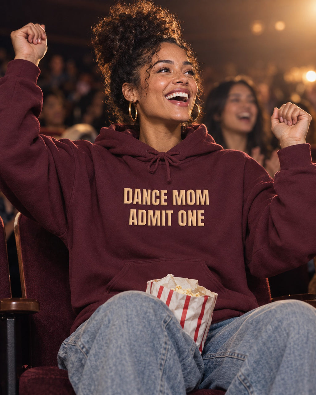 Lifestyle photo of the Dance Mom Admit One Puff Hoodie in Maroon