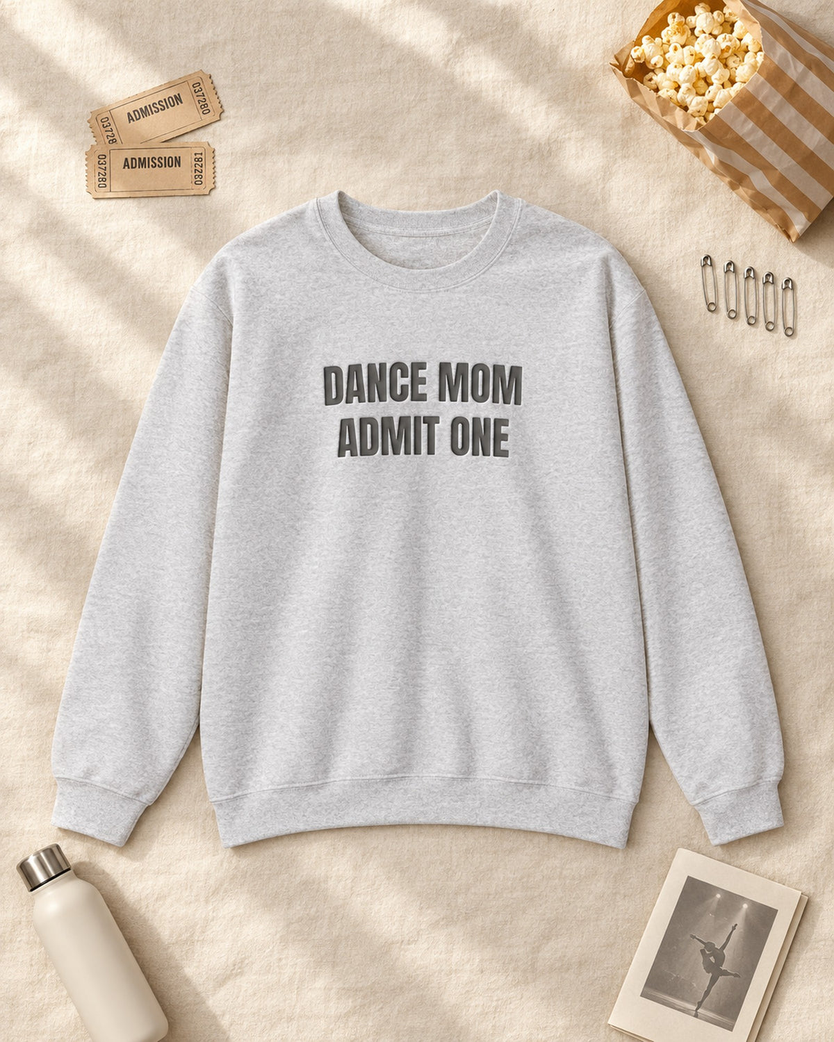 Flat lay of the Dance Mom Admit One Puff Crewneck in Ash
