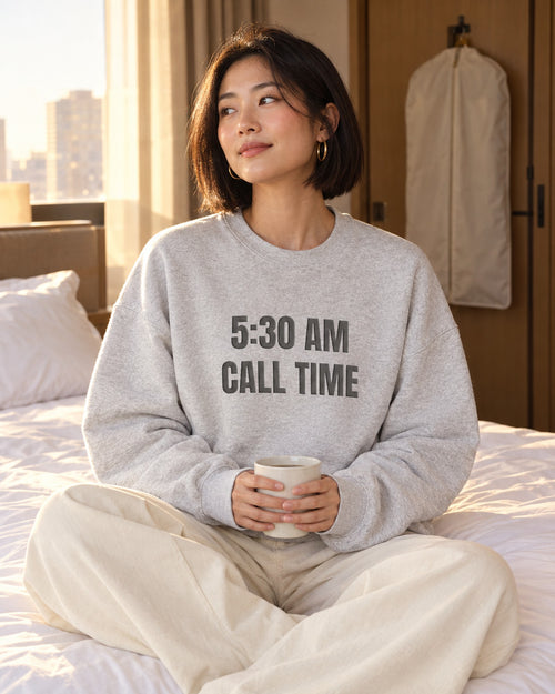 Lifestyle photo of the 5:30 AM Call Time Puff Crewneck in Ash